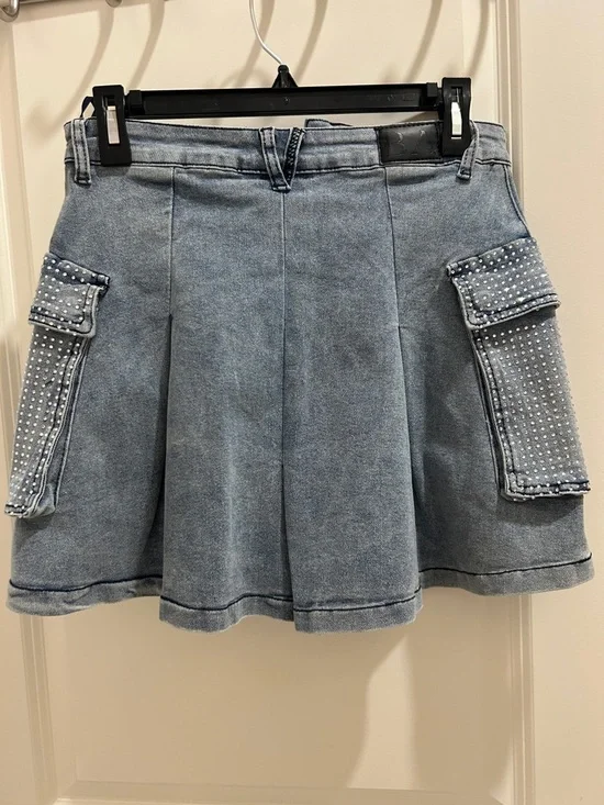 Balboa Denim Mini Skirt with Rhinestone Cargo Pockets - Light Blue - Picture 6 of 7